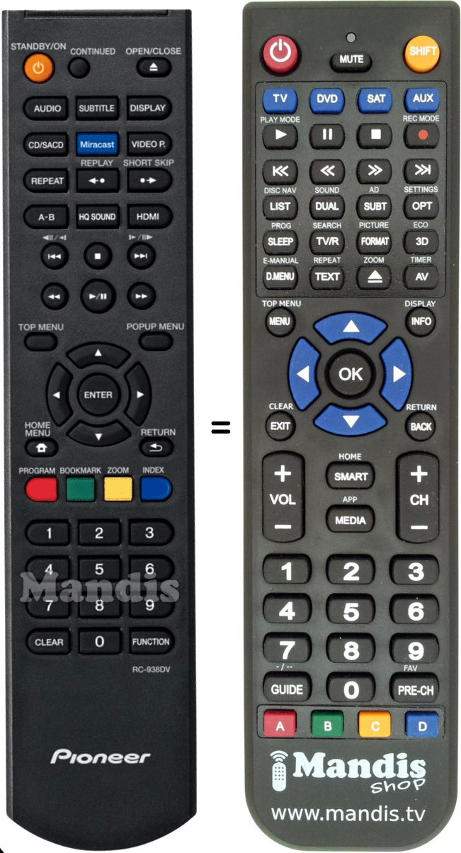 Replacement remote control Pioneer RC-938DV